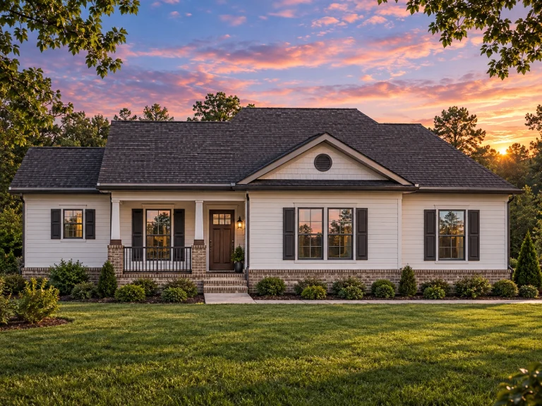Front elevation of a Traditional Ranch style home with vinyl siding, brick foundation, symmetrical windows, and a welcoming covered porch