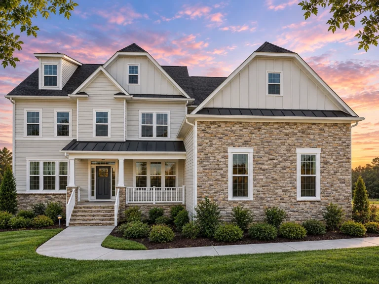 Courtyard House Plans 23 Front elevation of a Traditional Colonial style house with horizontal siding, stone accents, symmetrical façade, and New American rooflines