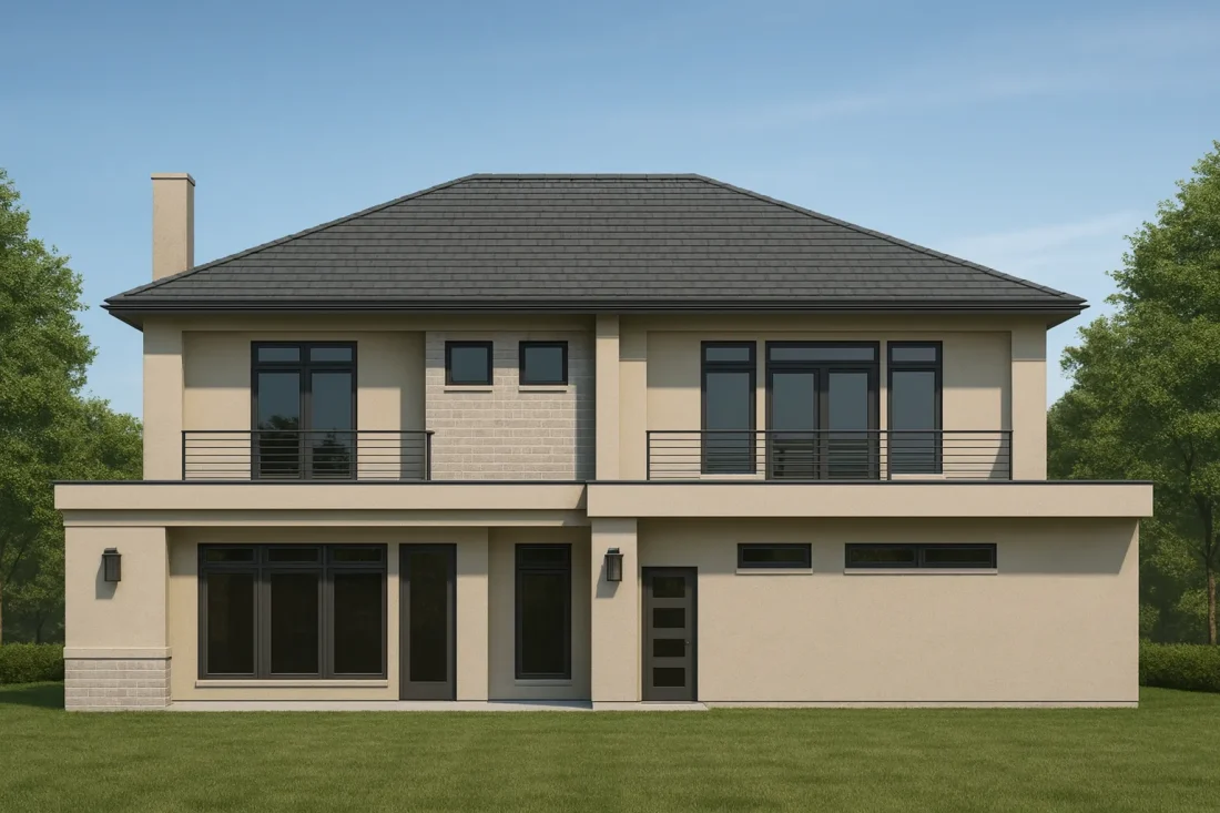 Rear elevation of a contemporary modern two-story home featuring smooth stucco exterior, large modern windows, and clean suburban architectural lines
