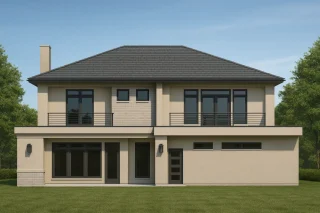 Rear elevation of a Traditional Brick two-story home with symmetrical design, multi-pane windows, and classic proportions under a low-hip roof