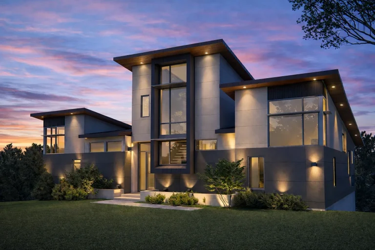 Front elevation of a contemporary urban modern home with horizontal lap siding, flat rooflines, and large vertical windows