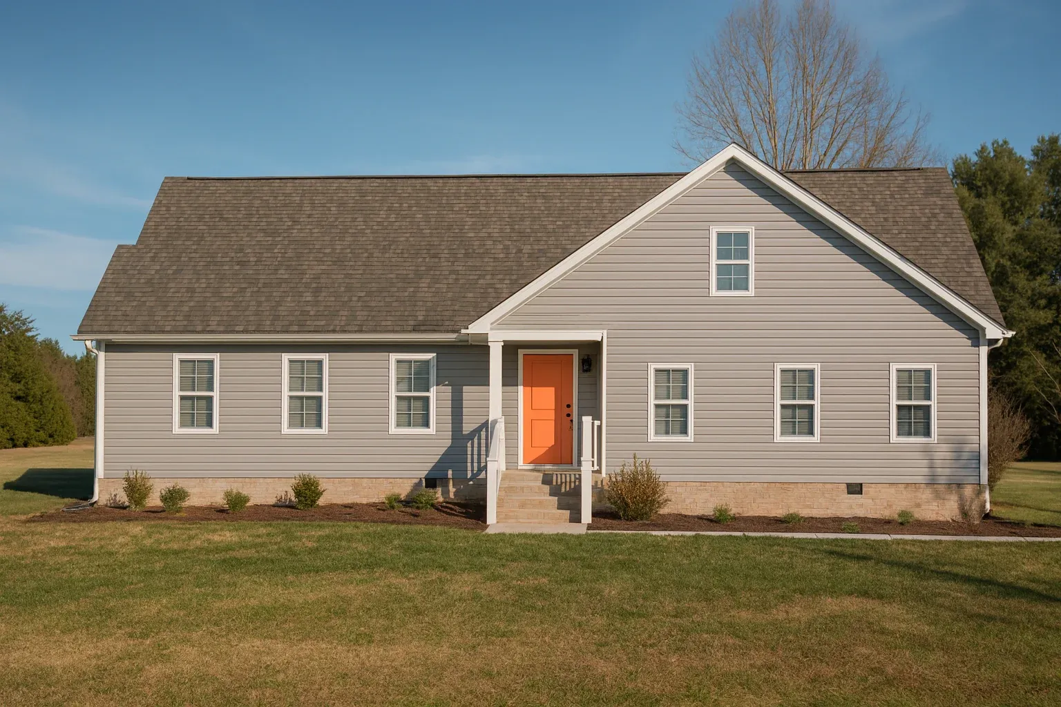 Front elevation of a Traditional Ranch style home with horizontal siding, simple roofline, and centered front entry steps