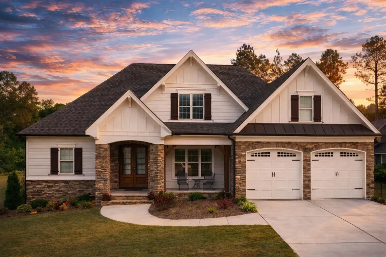 Transitional House Plans 4 Front elevation of Traditional Craftsman style home with stone veneer, horizontal lap siding, gabled rooflines, and two-car garage