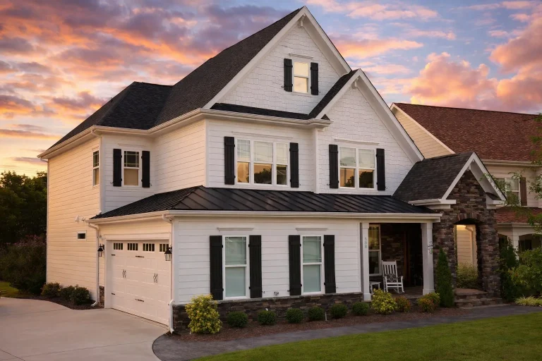 Front exterior view of a New American modern traditional home with board and batten siding, stone accents, covered porch, and attached garage