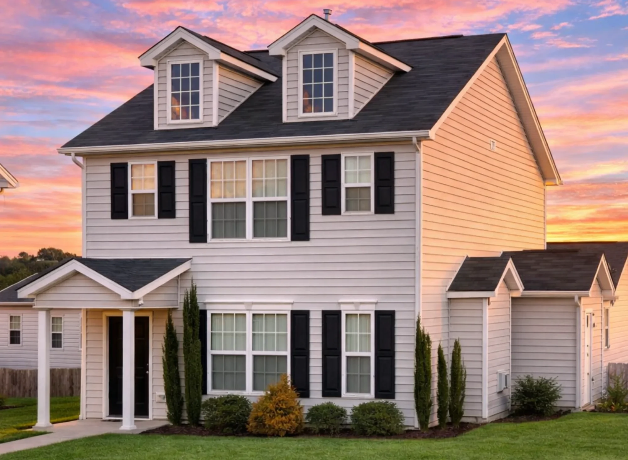 Front elevation of a Traditional Colonial style home featuring horizontal lap siding, shingle gable accent, and symmetrical window design