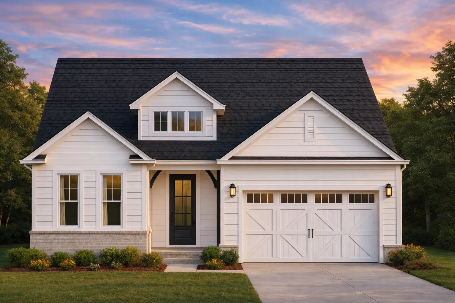 Front elevation of a Modern Farmhouse home featuring white lap siding, brick water table, dark roof, and wood-style garage door