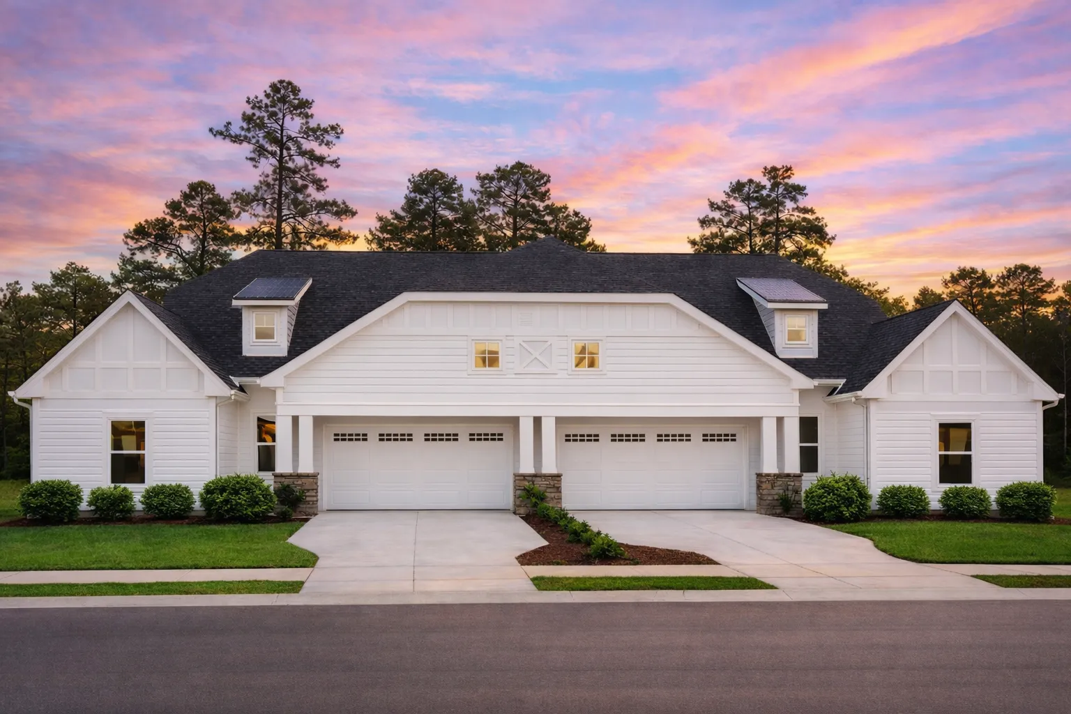 Front elevation of a Traditional Craftsman duplex featuring stone accents, horizontal lap siding, and board-and-batten gables with twin garages