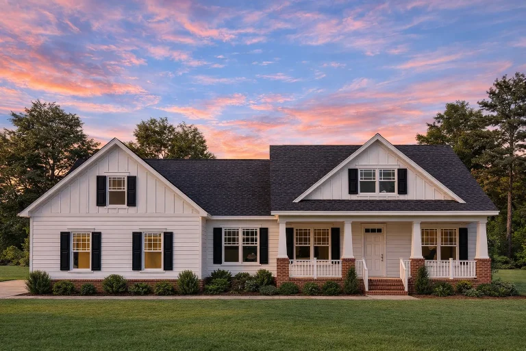 House Plans 10 Front elevation of a Modern Farmhouse Craftsman style home featuring board and batten, lap siding, and brick porch bases