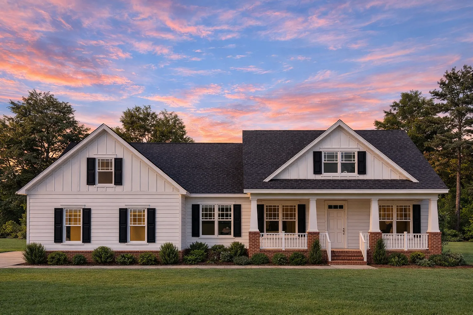Front elevation of a Modern Farmhouse Craftsman style home featuring board and batten, lap siding, and brick porch bases