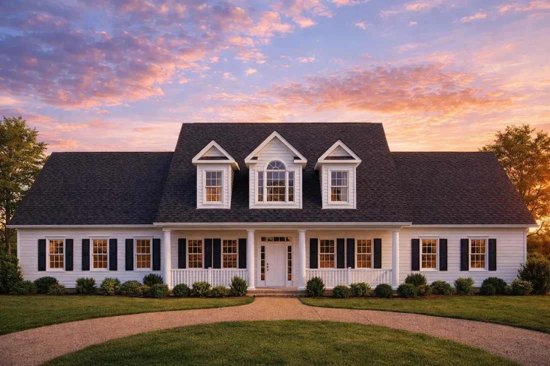 Front elevation of a Cape Cod style home with horizontal siding, central covered porch, dormer windows, and traditional symmetry