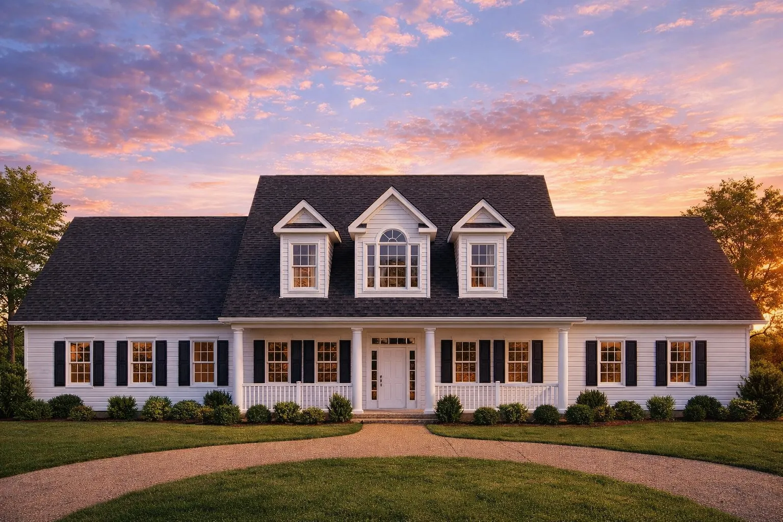 Front elevation of a Cape Cod style home with horizontal siding, central covered porch, dormer windows, and traditional symmetry