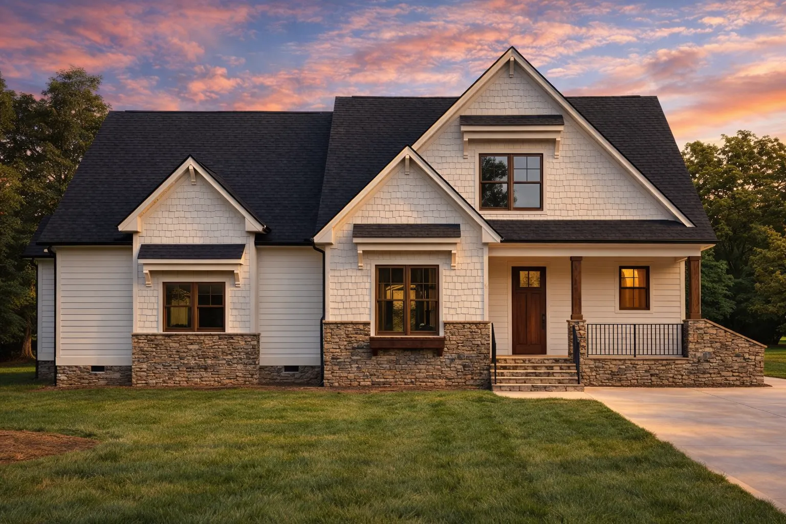 Front view of a Craftsman Traditional Cottage home showcasing stone accents, shingle and lap siding, and a welcoming covered front porch