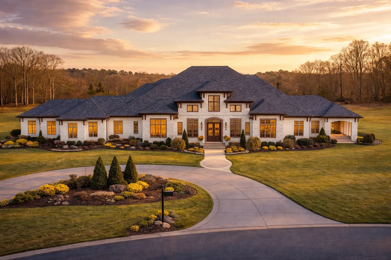 Front exterior view of a Classical Southern and Neoclassical Traditional one-story home with brick façade, symmetrical layout, tall columns, and expansive landscaped driveway