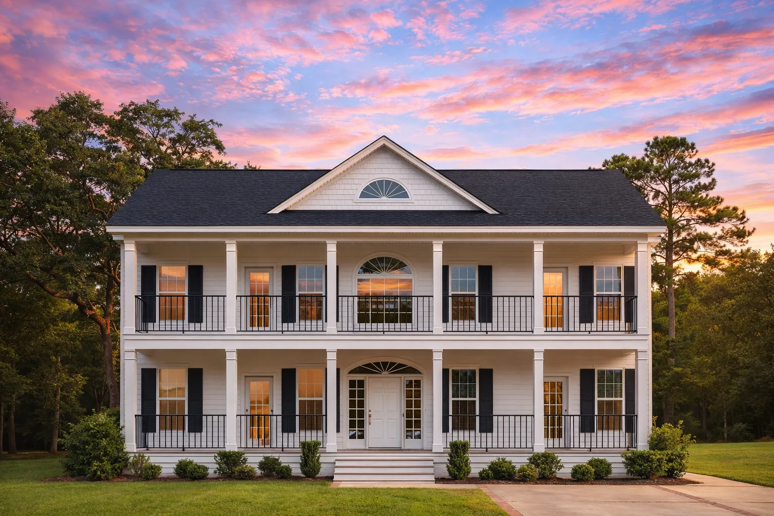 Front elevation of a Classical Southern Colonial style home featuring stacked double porches, symmetrical windows, and horizontal lap siding