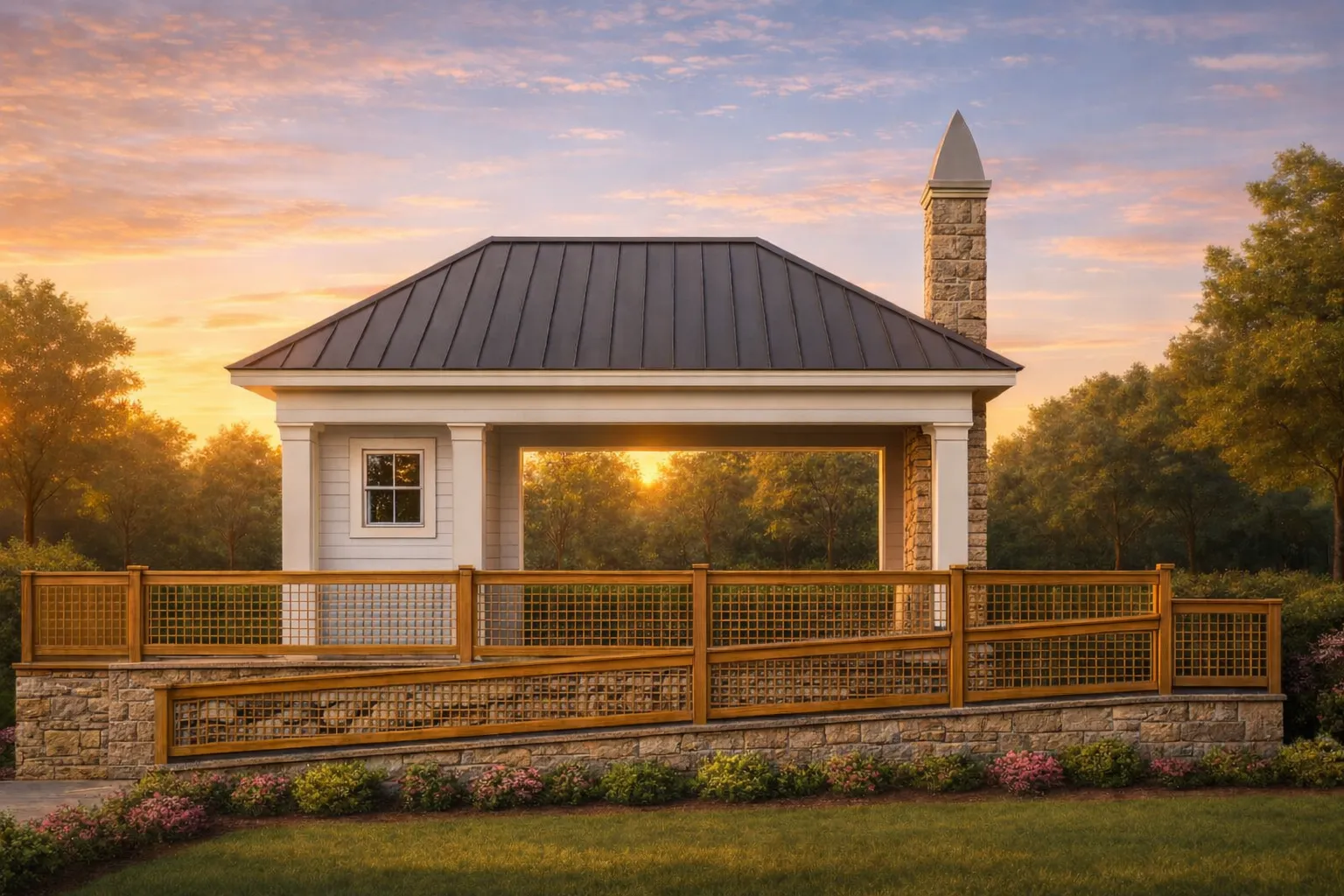 Front view of transitional pool house featuring horizontal siding, stone base, open pavilion layout, and a standing seam metal roof surrounded by a landscaped yard.