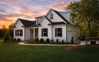 Front elevation of a Traditional Suburban brick home featuring board-and-batten accents, shingle gables, and a welcoming covered entry