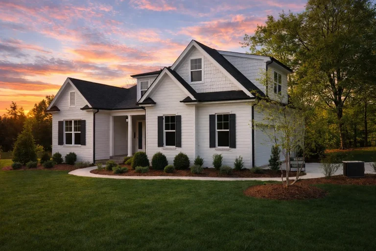 Front elevation of a Traditional Suburban brick home featuring board-and-batten accents, shingle gables, and a welcoming covered entry