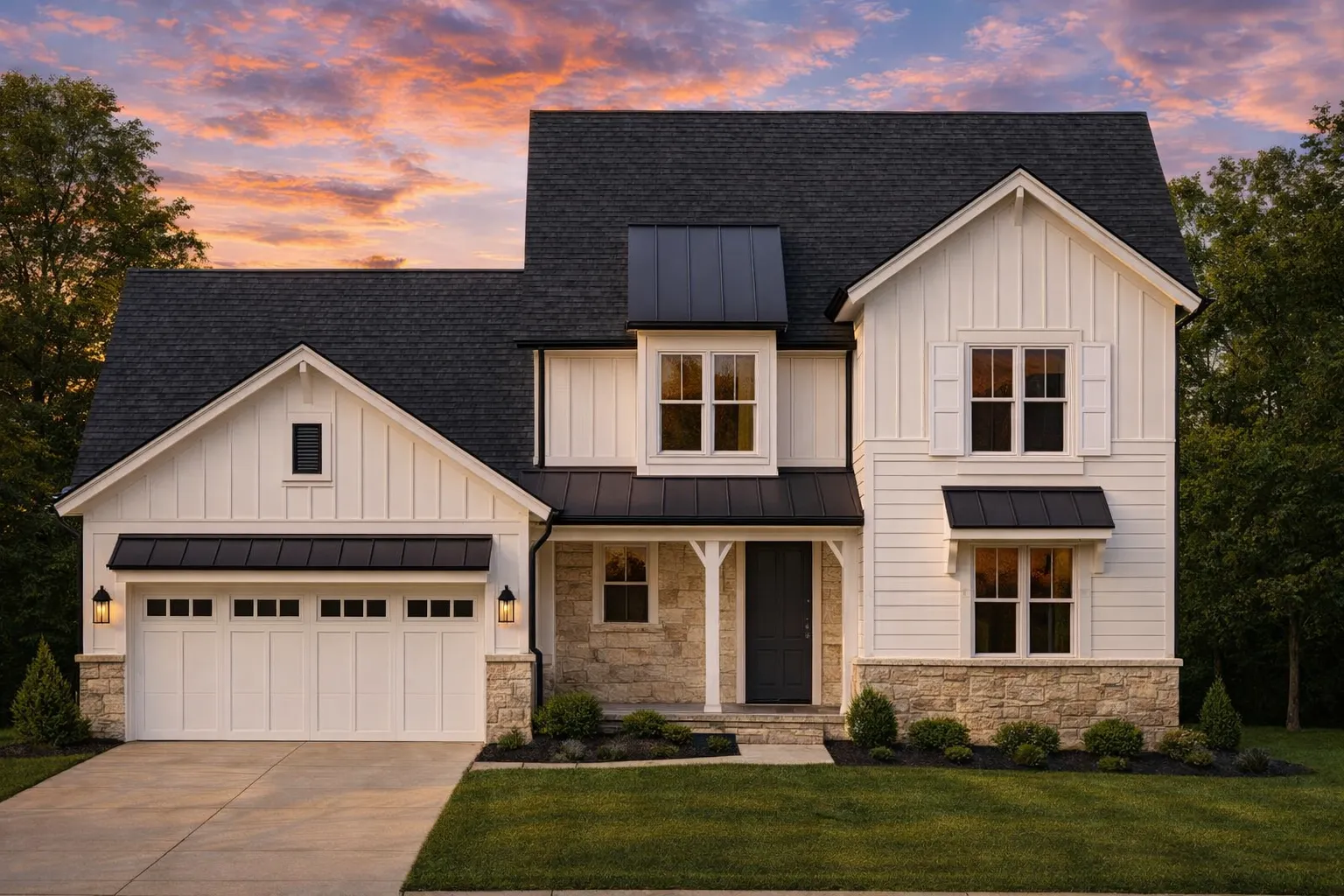 Front elevation of a modern farmhouse style home with board and batten siding, stone exterior details, black windows, and metal roof accents