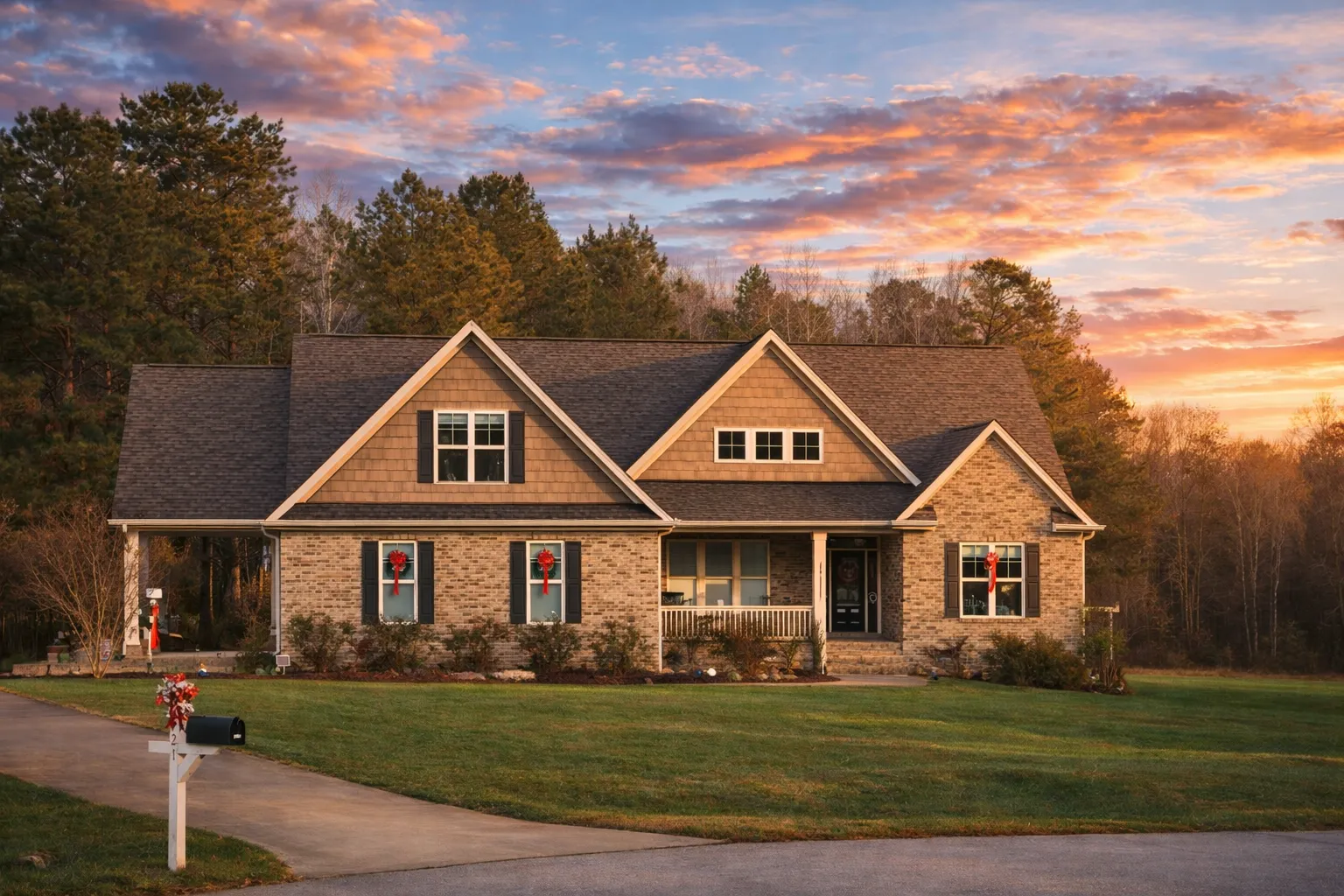 Front view of a Modern Farmhouse Ranch home featuring white brick, board and batten siding, black roof, and wood shutters for timeless curb appeal