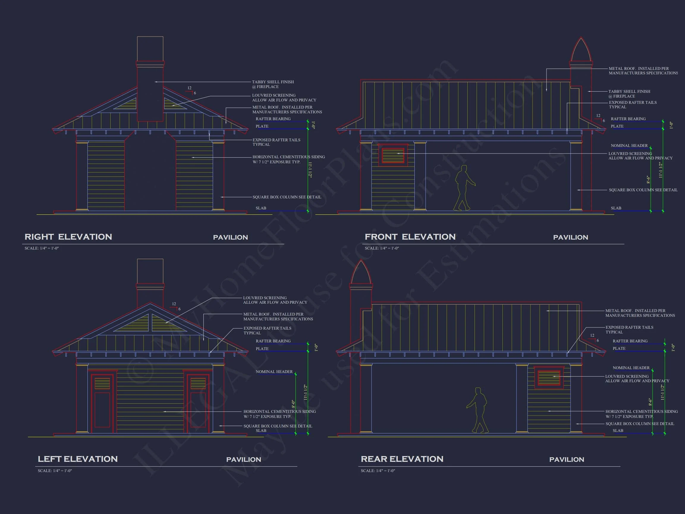 20-1719 PAVILION PLAN- Pool House Plan - 1-Bed, 1-Bath, 500 SF 6 Elegant Pavilion Home Plan: Architectural Blueprint CAD Designs