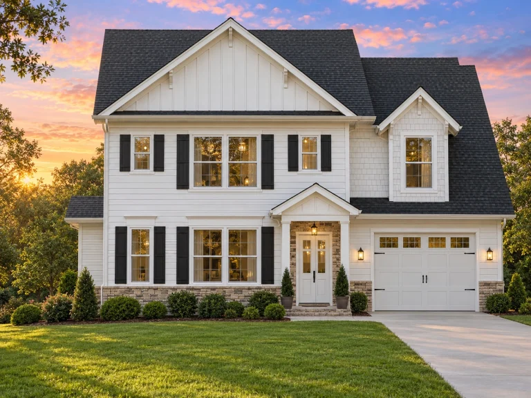 Front view of a two-story Traditional Colonial home featuring horizontal lap siding, black shutters, stone wainscoting, and an attached single-car garage.
