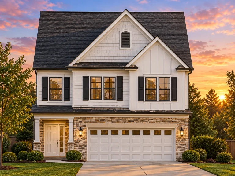 Cottage House Plans 2 Front view of a Traditional Suburban two-story home featuring board and batten, horizontal lap siding, and stone accents with a front-entry garage