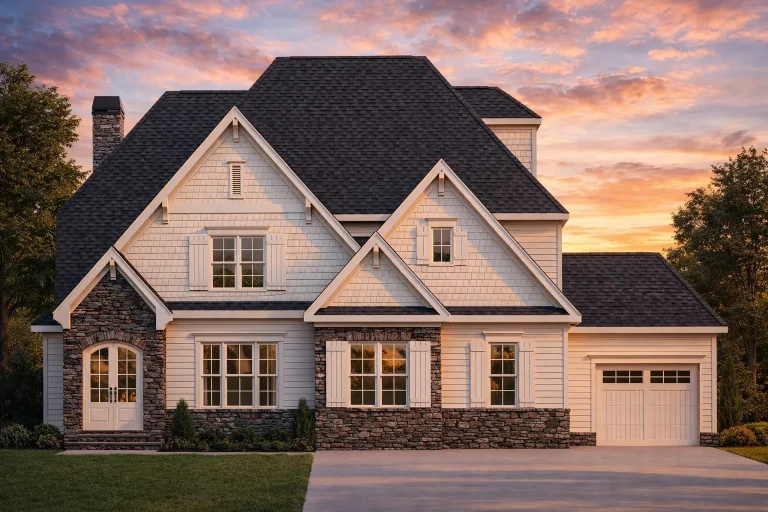 Front elevation of a New American modern traditional house with board and batten siding, lap siding, stone accents, and a welcoming covered entry