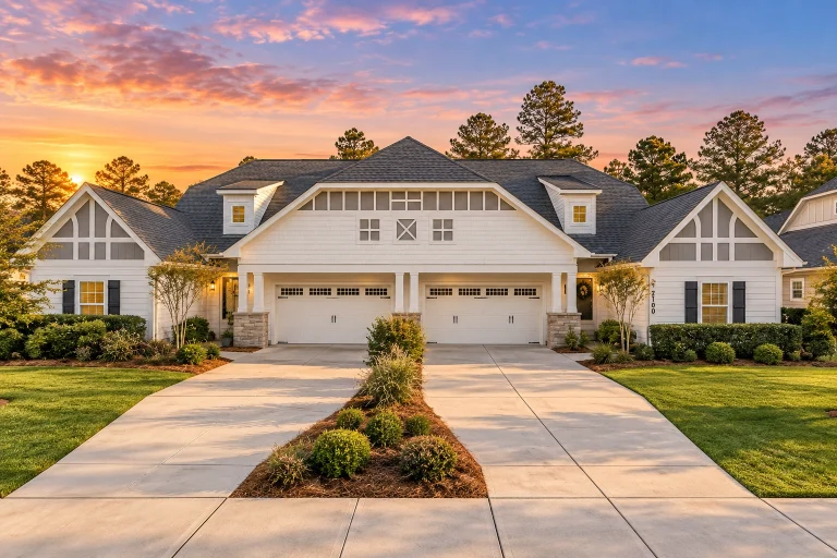 Front elevation of a Traditional Craftsman duplex featuring stone accents, horizontal lap siding, and board-and-batten gables with twin garages
