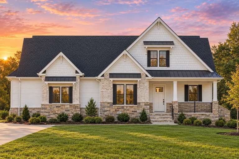 Front view of a Craftsman Traditional Cottage home showcasing stone accents, shingle and lap siding, and a welcoming covered front porch