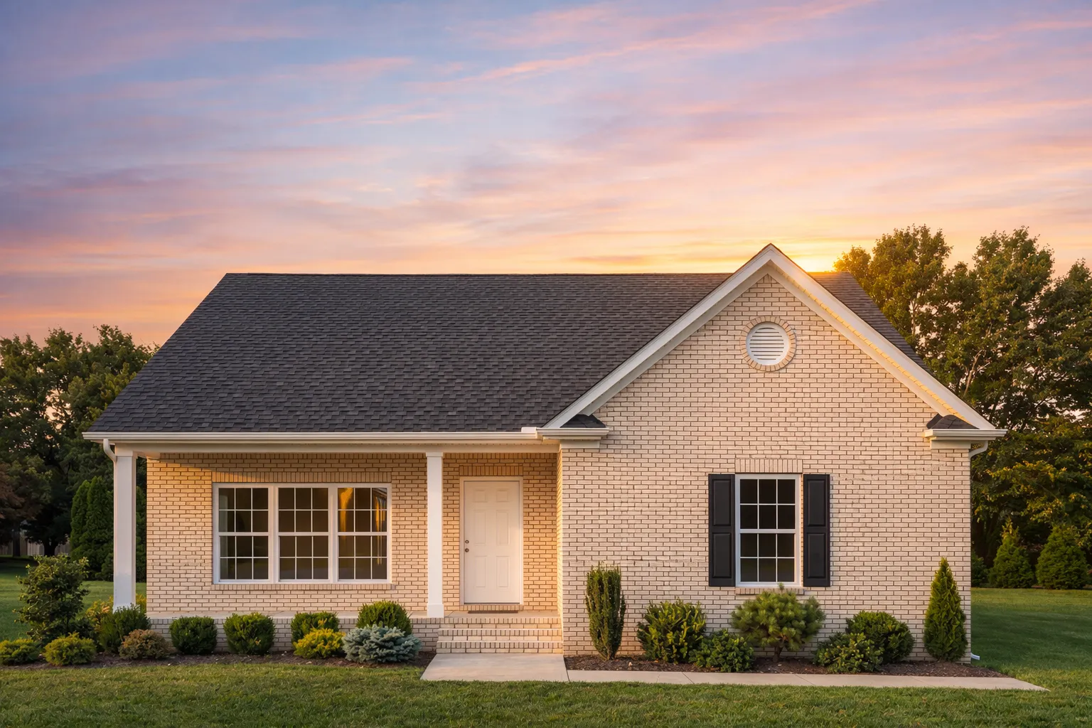 House Plans with Patios 1 Front elevation of a Cape Cod style home featuring a brick exterior, steep gable roof, shuttered windows, and covered entry porch