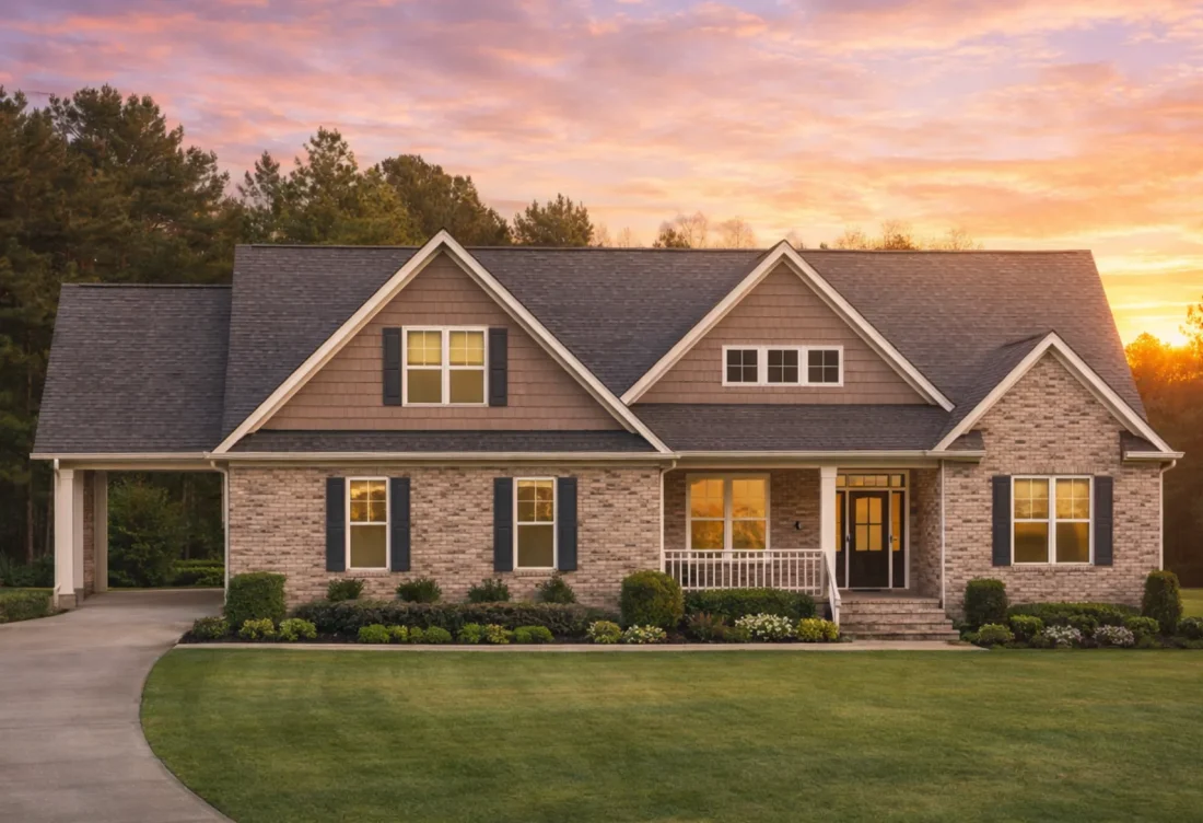 Front view of a Modern Farmhouse Ranch home featuring white brick, board and batten siding, black roof, and wood shutters for timeless curb appeal