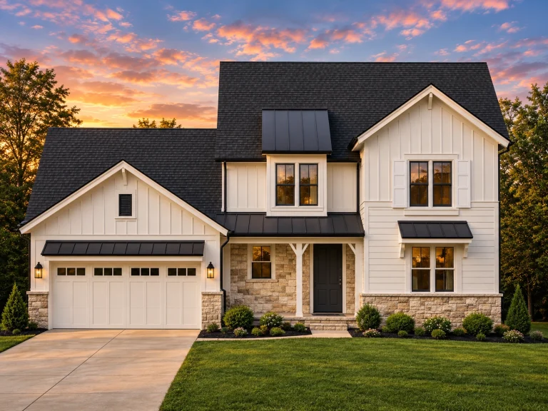 Front elevation of a modern farmhouse style home with board and batten siding, stone exterior details, black windows, and metal roof accents