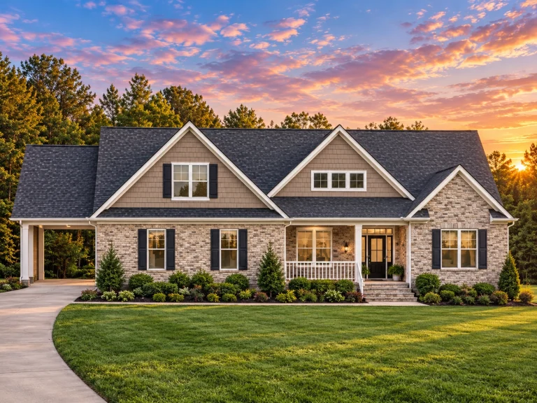 Mid-Size House Plans 19 Front view of a Modern Farmhouse Ranch home featuring white brick, board and batten siding, black roof, and wood shutters for timeless curb appeal