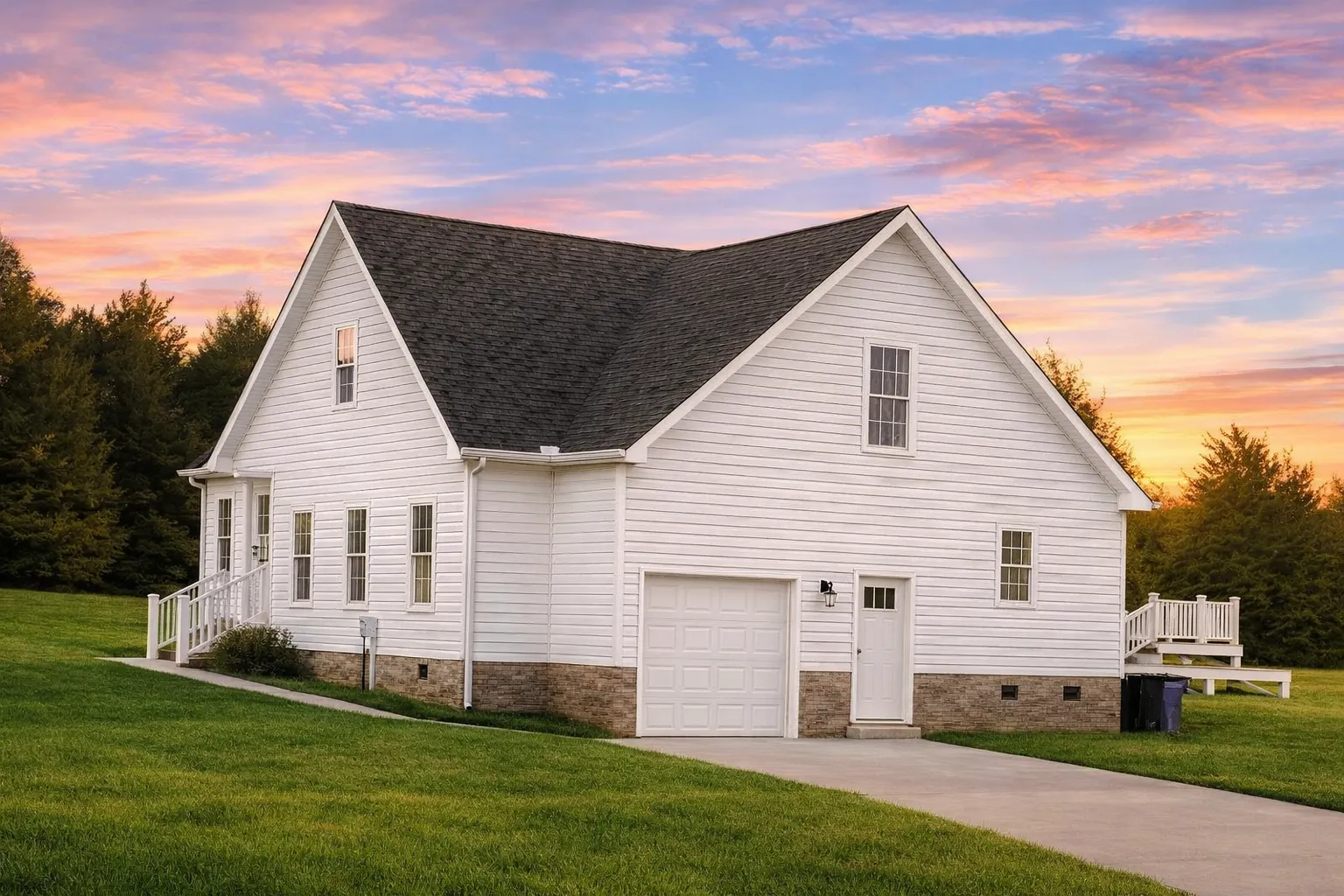 Front elevation of a Traditional Ranch style home with horizontal siding, simple roofline, and centered front entry steps
