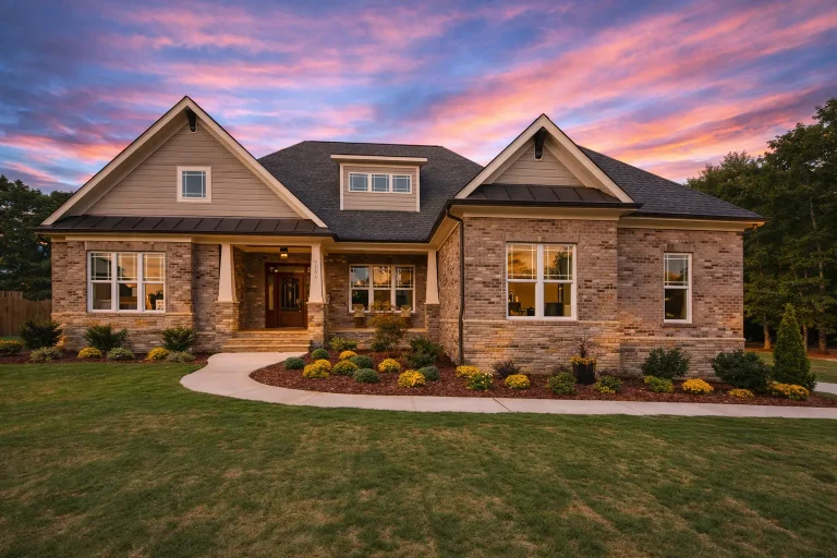 Front exterior view of a Traditional Craftsman style home featuring brick exterior, lap siding gables, and a welcoming covered porch