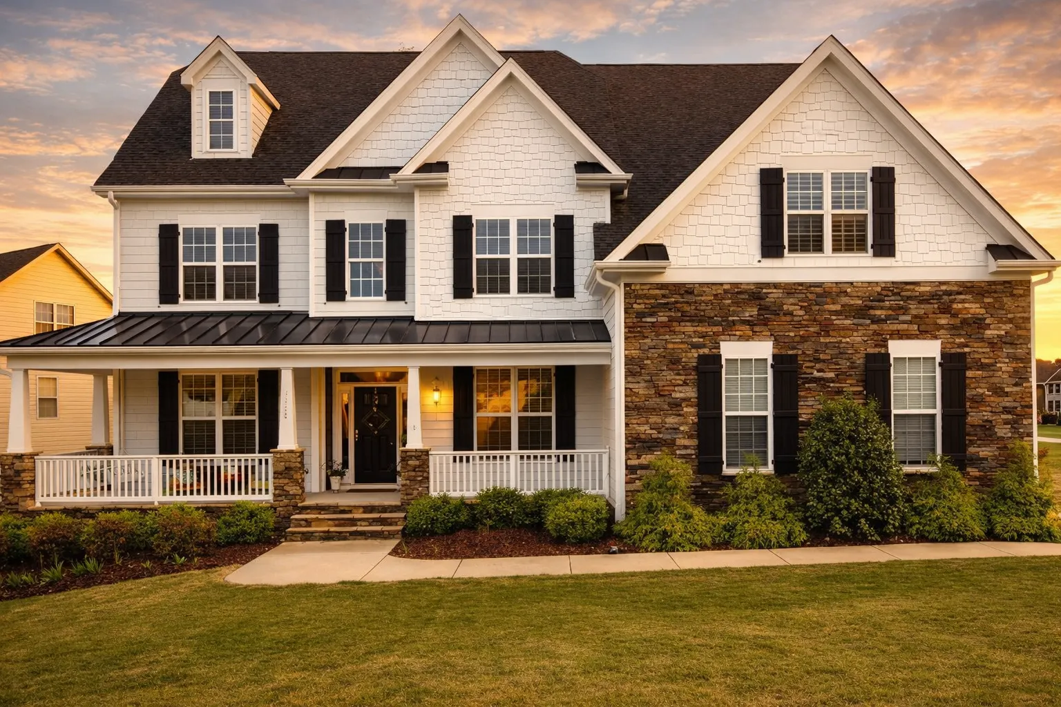 Front elevation of a New American Neo-Colonial style home with horizontal siding, stone veneer accents, covered porch, and balanced window symmetry