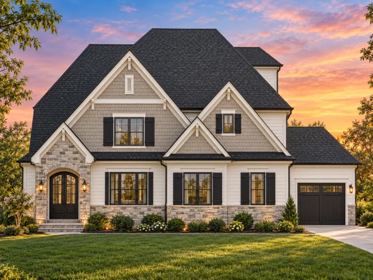 Mountain Contemporary House Plans 3 Front elevation of a New American modern traditional house with board and batten siding, lap siding, stone accents, and a welcoming covered entry