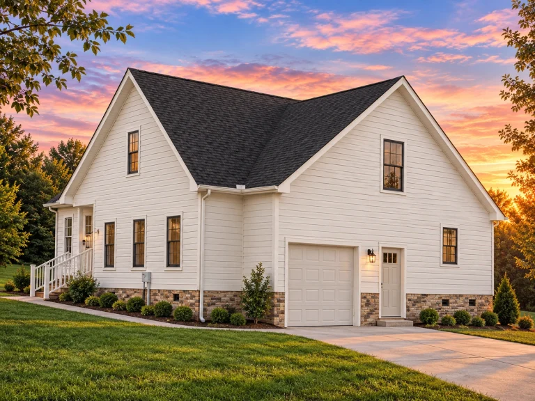 Front elevation of a Traditional Ranch style home with horizontal siding, simple roofline, and centered front entry steps