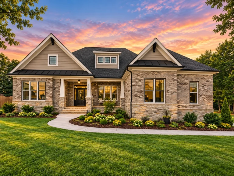 Front exterior view of a Traditional Craftsman style home featuring brick exterior, lap siding gables, and a welcoming covered porch