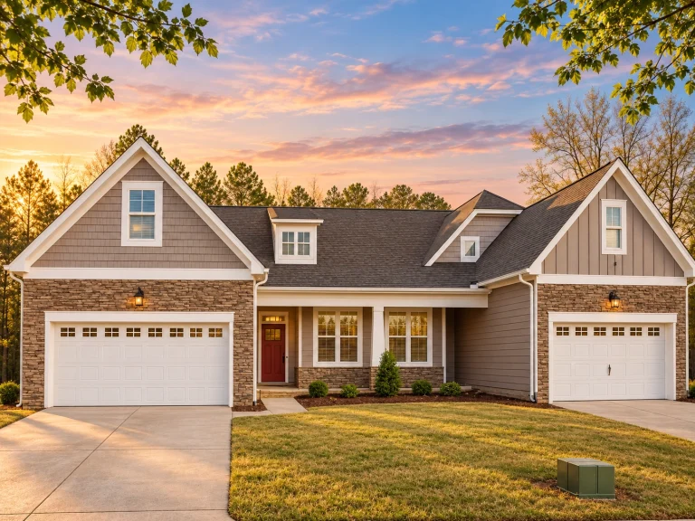 Front elevation of a Traditional Ranch home featuring Craftsman elements, stone accents, board and batten, shingle siding, and triple-garage layout