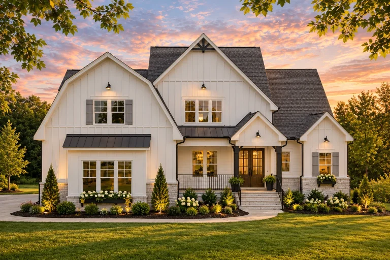 Top Designer-Approved House Plans 16 Front elevation of a modern farmhouse style home featuring board and batten siding, stone accents, steep gables, and a welcoming covered entry