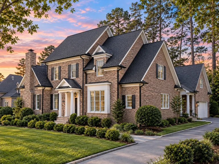 Modern Suburban House Plans 1 Front elevation of a Traditional Colonial style home with brick exterior, symmetrical windows, central entry door, and classic proportions