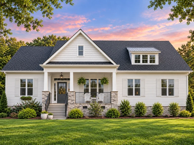 Front view of a Cottage Craftsman style home featuring gray horizontal siding, stone accents, white trim, and a welcoming covered porch with seating.