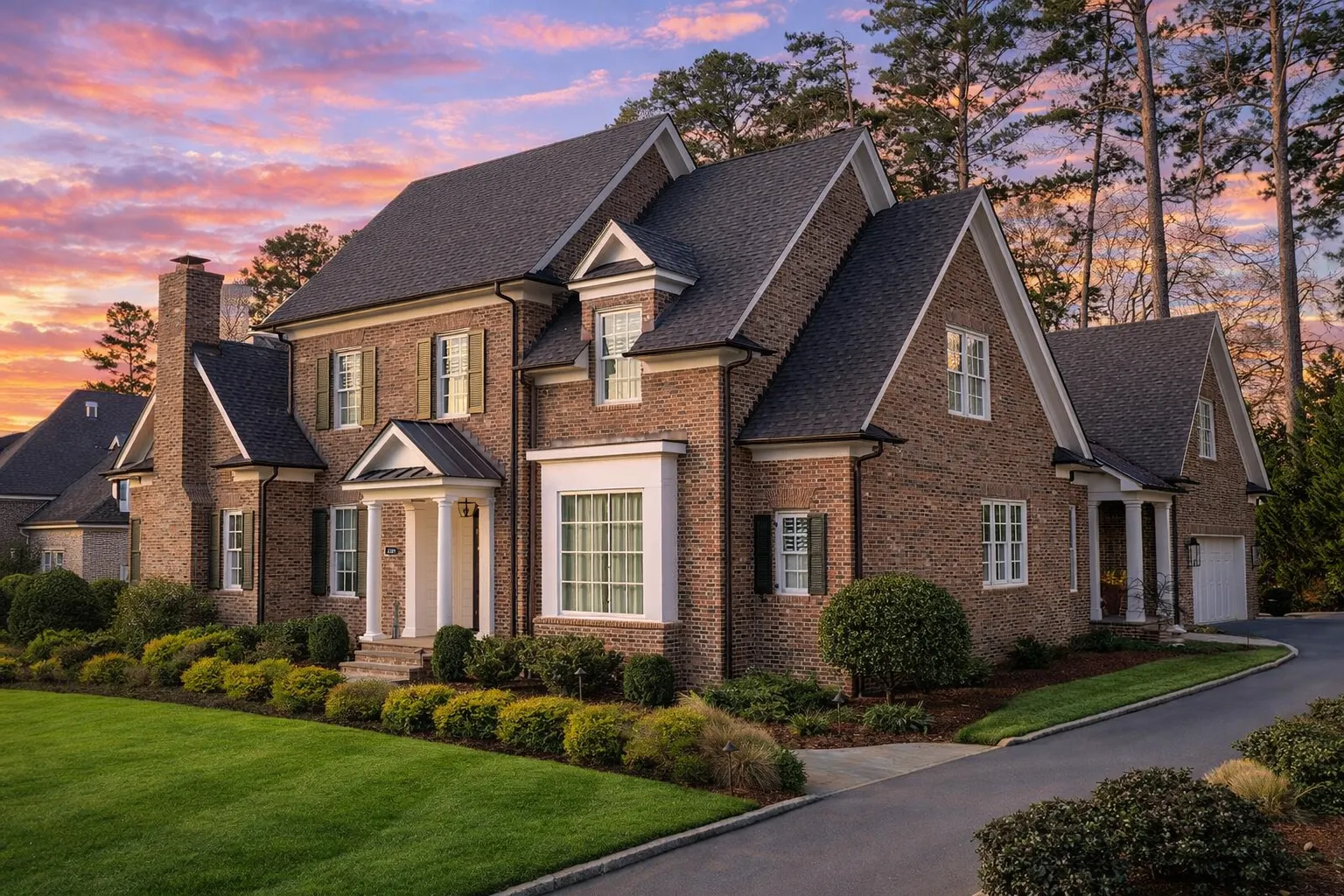 Front elevation of a Traditional Colonial style home with brick exterior, symmetrical windows, central entry door, and classic proportions