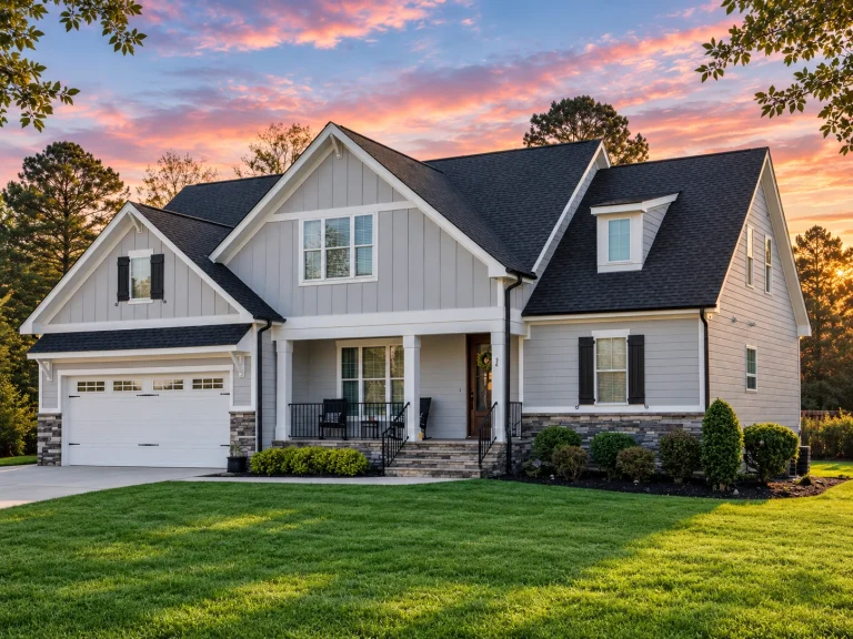 Front elevation of a Modern Farmhouse home with brick exterior, board and batten gables, covered porch, and two-car garage