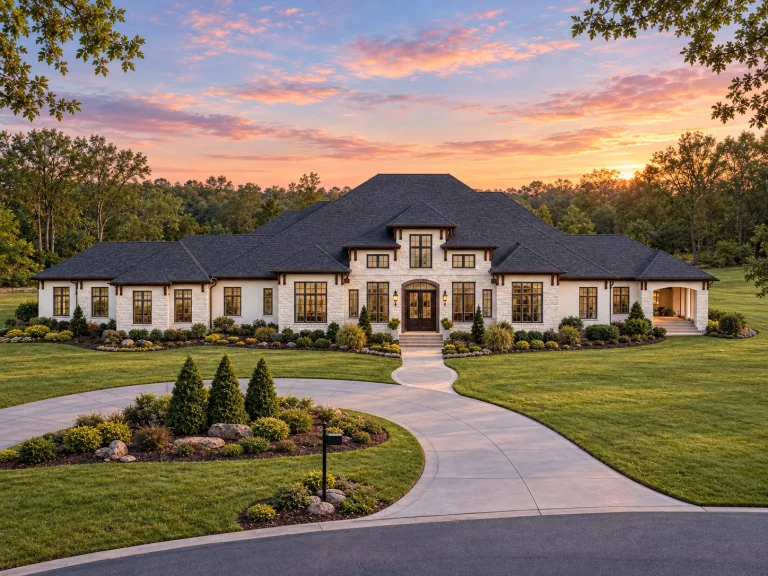 Front exterior view of a Classical Southern and Neoclassical Traditional one-story home with brick façade, symmetrical layout, tall columns, and expansive landscaped driveway