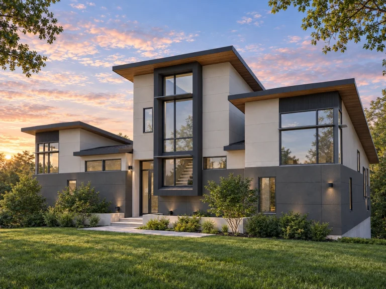 Front elevation of a contemporary urban modern home with horizontal lap siding, flat rooflines, and large vertical windows