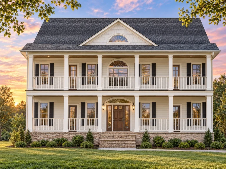 Affordable House Plans 17 Front elevation of a Classical Southern Colonial style home featuring stacked double porches, symmetrical windows, and horizontal lap siding