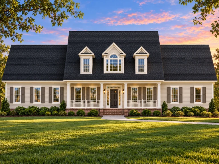 Cottage House Plans 12 Front elevation of a Cape Cod style home with horizontal siding, central covered porch, dormer windows, and traditional symmetry