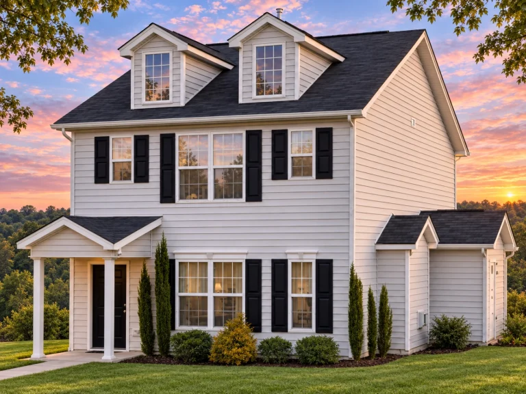 Front elevation of a Traditional Colonial style home featuring horizontal lap siding, shingle gable accent, and symmetrical window design